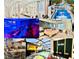 Real estate collage showcasing the home theater, bedroom, pool, firepit, kitchen, and resort-style water park at 8940 Coconut Breeze Dr, Kissimmee, FL 34747