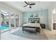 Inviting bedroom with backyard pool view, decorative wall art, and light blue accent wall at 2586 Lancaster Ridge, Davenport, FL 33837