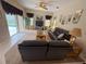 Inviting living room featuring comfortable seating, sliding glass doors to the pool, and a ceiling fan at 4906 Keaton Crest Dr, Orlando, FL 32837