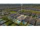Aerial view of a property with a marked boundary, pool, and surrounding homes in a community at 7647 Fairfax Dr, Kissimmee, FL 34747