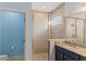 Bathroom with a glass shower, granite countertop vanity, and tile flooring at 12691 Calderdale Ave, Windermere, FL 34786