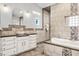 Elegant bathroom featuring a soaking tub, tiled shower, and stylish vanity with modern fixtures at 40137 County Road 452, Leesburg, FL 34788