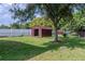 Spacious backyard with well-maintained lawn, shade tree, garden shed, and fenced perimeter at 6203 Candlewood Ln, Orlando, FL 32809