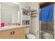 Bathroom with a single vanity, a toilet, and a glass-enclosed shower with wall storage at 10453 Old Studio Rd, Clermont, FL 34711