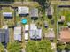 Aerial view of a neighborhood featuring a mix of homes, green lawns, and a blue, round backyard pool at 1511 New York Ave, St Cloud, FL 34769