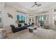Bright living room featuring a large sofa, multiple windows overlooking the pool, and neutral decor at 304 Muirfield Loop, Reunion, FL 34747
