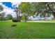 Serene backyard view of a well-maintained lawn extending to a tranquil pond, enhancing the property's appeal at 3843 Beacon Ridge Way, Clermont, FL 34711