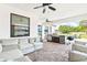 Relax and unwind on this outdoor living space with a kitchen, seating and ceiling fans at 7065 Branch Court, St Cloud, FL 34771