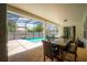 Covered patio with ample seating and dining area overlooking the screened-in pool at 8137 Pond Apple Dr, Winter Garden, FL 34787
