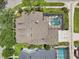 Overhead view of home, showcasing its layout, enclosed pool area, and well-maintained landscaping in a suburban setting at 3201 Glenmere Way, Orlando, FL 32828