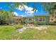 Spacious backyard, perfect for outdoor activities, features a shade structure and mature trees at 633 E Church Ave, Longwood, FL 32750