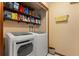 Functional laundry room with shelving and modern, front-loading washer and dryer at 1247 Rosemary Dr, Orlando, FL 32807