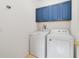 Convenient laundry room with blue cabinets above a white, front-loading washer and dryer at 2956 White Cedar Cir, Kissimmee, FL 34741