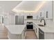 Open kitchen with island, white cabinetry, stainless steel appliances, and modern lighting at 400 E Colonial Dr # 402, Orlando, FL 32803