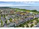 An aerial view showcases a residential community nestled near a scenic lake, featuring diverse homes and lush landscaping at 1071 Kershaw Dr, Winter Garden, FL 34787