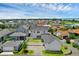 Wide aerial shot of a neighborhood shows a two-story home with fenced yard and a detached garage in a lakeside community at 1071 Kershaw Dr, Winter Garden, FL 34787