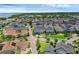Wide neighborhood aerial view featuring a well-maintained two-story home with a landscaped front yard, in a lakeside community at 1071 Kershaw Dr, Winter Garden, FL 34787