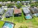 An aerial view showing backyard pools and well-manicured lawns at 14883 Hartford Run Dr, Orlando, FL 32828