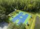 Aerial view of blue and green community basketball court with benches surrounded by tall trees at 14883 Hartford Run Dr, Orlando, FL 32828