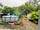 Backyard featuring an above ground pool under a blue sunshade surrounded by mature landscaping and a small storage shed at 2829 Sanford Ave, Sanford, FL 32773