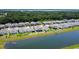 Aerial view of lakeside homes featuring green lawns and manicured landscaping at 2943 Slough Creek Dr, Kissimmee, FL 34744