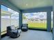 Screened lanai with cushioned swivel chairs overlooks the manicured, green backyard and neighborhood at 2943 Slough Creek Dr, Kissimmee, FL 34744