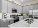 Modern kitchen with stainless steel appliances, gray cabinets, and spacious countertops is highly functional at 3036 Parrot Head Pl, Kissimmee, FL 34747
