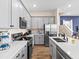 Modern kitchen features gray cabinets, quartz countertops, stainless steel appliances, and wood-look tile flooring at 3036 Parrot Head Pl, Kissimmee, FL 34747
