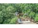 Aerial view showcasing a wooded backyard with a pool, playhouse, shed, and lush greenery, ideal for relaxation at 409 E Gulley Ave, Oakland, FL 34760