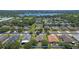 This is an aerial view of a quiet neighborhood with sidewalks and well-maintained lawns near a large lake at 10138 Lenox St, Clermont, FL 34711