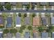 Birds-eye view of a residential street with well-maintained homes, lush green lawns, and some houses with swimming pools at 10138 Lenox St, Clermont, FL 34711