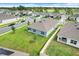 Aerial view of a single-Gathering home with a well-manicured lawn in a suburban neighborhood at 11284 Amber Ridge Dr, Zellwood, FL 32798