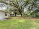 Backyard with green grass and large oak trees shading most of the yard at 1244 Woodland Ave, Lakeland, FL 33801