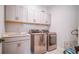 Laundry room featuring a stainless steel washer and dryer, sink and storage cabinets at 18851 Rawson St, Orlando, FL 32827