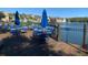 Deck with tables, chairs, umbrellas, and a beautiful view of a lake with a fountain at 2208 San Vittorino Cir # 104, Kissimmee, FL 34741