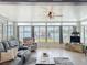 Inviting living room features large windows with a view of the lake, comfortable seating, and a fireplace at 3788 N Econlockhatchee Trl, Orlando, FL 32817