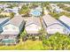 Aerial view of residential neighborhood showcasing a home with pool and screened-in patio at 7710 Linkside Loop, Reunion, FL 34747