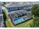 Aerial view of screened-in pool area with lounge chairs in backyard of modern home at 8807 Interlocking Ct, Davenport, FL 33896