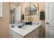 Bright bathroom with a white vanity featuring a large mirror, white cabinets, and neutral-toned walls at 9141 Camden Gardens St, Orlando, FL 32827