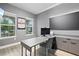 Well-lit home office with custom built-ins and views to the front yard at 9845 Emerald Berry Dr, Winter Garden, FL 34787