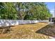 Fenced backyard with expansive grass and trees and a white fence in the background at 13009 Plum Lake Cir, Minneola, FL 34715
