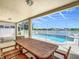 Covered patio with a dining table overlooking a screened-in pool and waterfront view at 2384 Andrews Valley Dr, Kissimmee, FL 34758
