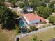 An aerial view of a backyard featuring a screened in pool, trampoline, and spacious outdoor area at 3216 White Blossom Ln, Clermont, FL 34711