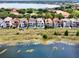 Aerial view of several homes along the lakefront in a residential neighborhood with lush landscaping at 8515 Saint Marino Blvd, Orlando, FL 32836