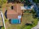 Overhead aerial view of a home with a screened-in pool, manicured lawn and driveway at 10545 Parkway Dr, Clermont, FL 34711