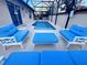 Outdoor pool and lounge area with comfortable blue seating and a screened enclosure at 3260 Pinto Dr, Kissimmee, FL 34746