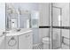 Bathroom featuring a glass-enclosed shower, commode, tile flooring, and a sink and vanity at 360 W University Ave, Orange City, FL 32763