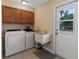 Convenient laundry room with washer, dryer, sink, storage, and outdoor access at 986 Stonewood Ln, Maitland, FL 32751