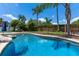 Backyard swimming pool with clear blue water, surrounded by palm trees, green lawn, and shaded seating areas at 986 Stonewood Ln, Maitland, FL 32751