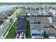 An aerial view of a residential neighborhood showcasing lake views, modern landscaping, and community streets at 10183 Peebles St, Orlando, FL 32827